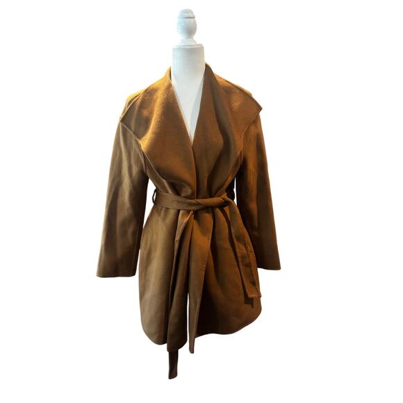 Goelia “Coffee Brown” Wrap Coat L 100% Wool Shell with Silk-Wool Texture, Belted - Picture 2 of 10